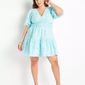 ELLOQUI Iced Aqua Sheer Mini Dress. NWOT Size 24